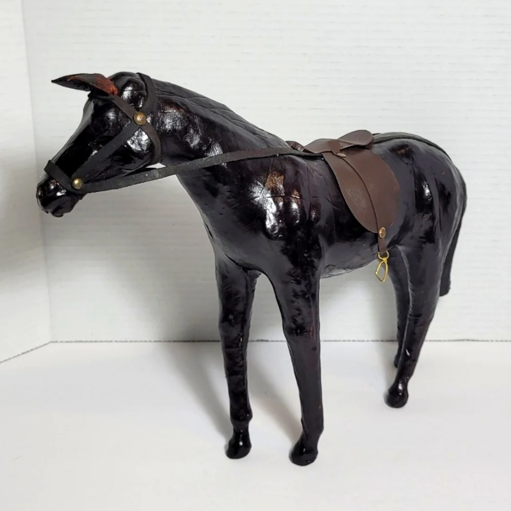 Vintage Brown Leather Wrapped Horse Statue Figure With Saddle - Picture 8 of 12